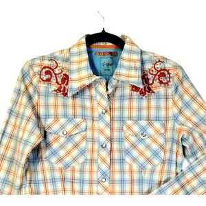 Shirt Women's L Pearl Snaps Long Sleeve  Plaid Flap Pockets Rockabilly Western